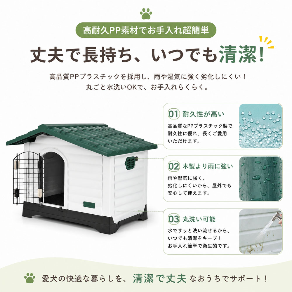 ドッグハウス 犬小屋 ペットハウス 犬用ハウス 犬小屋 中型犬 高耐久 PP製 通気口付き 傾斜屋根 高床設計 お手入れ簡単 雨に強い 水洗い可能 組立簡単 湿気 泥はね対策 屋内屋外対応  JPGH-03
