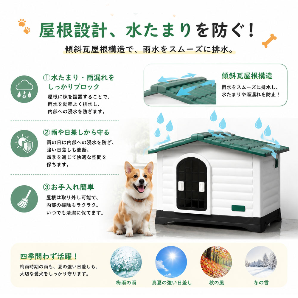 ドッグハウス 犬小屋 ペットハウス 犬用ハウス 犬小屋 中型犬 高耐久 PP製 通気口付き 傾斜屋根 高床設計 お手入れ簡単 雨に強い 水洗い可能 組立簡単 湿気 泥はね対策 屋内屋外対応  JPGH-03