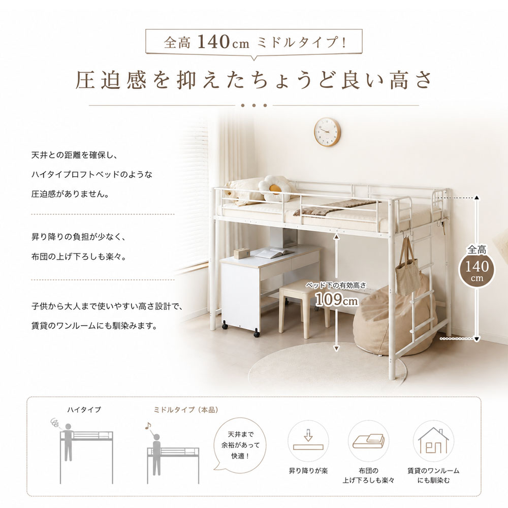 ロフトベッド ミドルロフトベッド シングルロフトベッド 高さ140cm 耐荷重150kg スチール製 補強フレーム 省スペース ベッド下収納 はしご左右付け替え フック付き 安全性 賃貸 ワンルーム テレワーク  JPGH-04