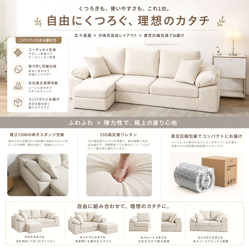 3人掛け カウチソファ 幅180cm ローソファ コーナーソファ 分割式 自由レイアウト 極厚座面 クッション付き 北欧風 コーデュロイ ソファ おしゃれ 一人暮らし リビング 体圧分散 真空圧縮梱包   JPGH-07-A