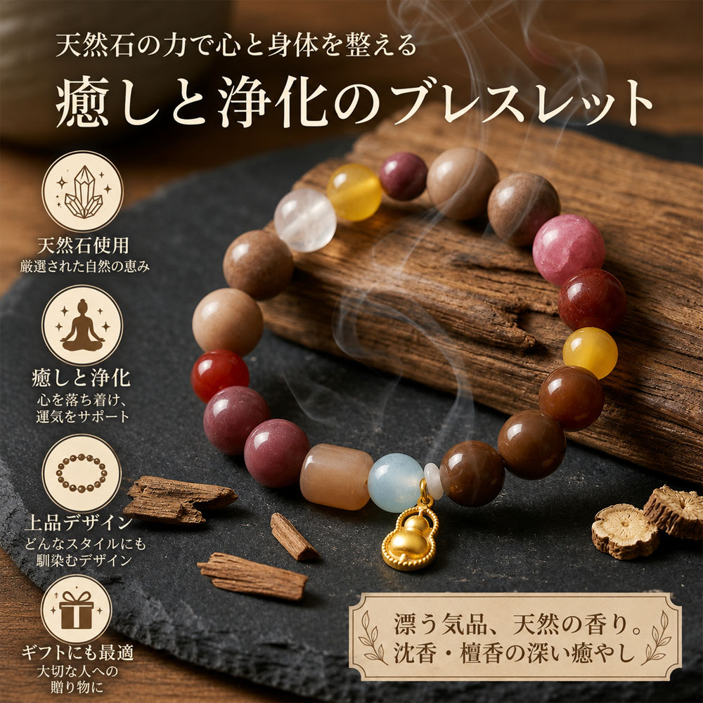 開運ブレスレット 漢方香珠 天然石 お守り腕輪 ひょうたんチャーム 金運アップ 厄除け 風水 和風アクセサリー メンズ レディース ギフト プレゼント    SCGH-02-A