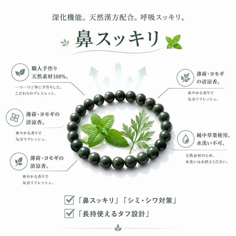 漢方香珠 ブレスレット お守り腕輪 合香珠 天然香珠 薄荷 ヨモギ 艾草 ハーブ香 清涼感 リフレッシュ 和風アクセサリー 天然素材 職人手作り 開運 ギフト プレゼント  SCGH-03-A