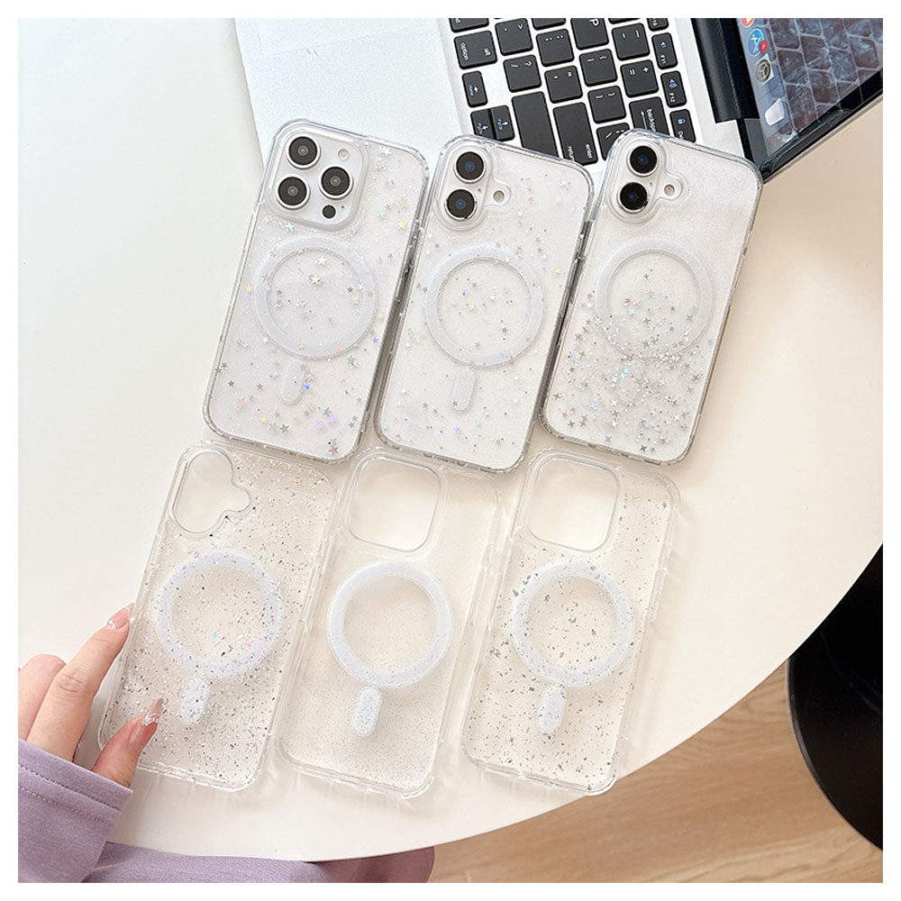 iPhoneケース スマホケース 透明スマホケース 星ラメ クリア キラキラ 透明感 耐衝撃 マグネット内蔵 軽量 黄変しにくい ワイヤレス充電対応 カメラレンズ保護 iPhone17 / iPhone17 Pro / iPhone17 Pro Max / iPhone16 / iPhone16 Pro / iPhone16 ProMax     SJKLI-04
