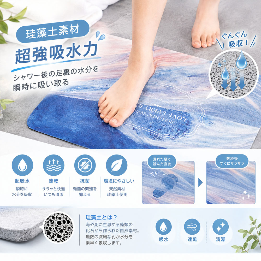 バスマット 珪藻土マット 60×39cm 吸水 速乾  足元マット お風呂マット 水洗い可能 珪藻土 天然素材 角丸設計 ズレにくい コンパクト お手入れ簡単 お風呂上がり シャワー後 バスルーム 脱衣所 洗面所 家庭用 お子様 ペット   YKOGH-02