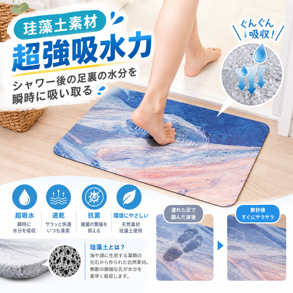 バスマット 珪藻土マット 60×39cm 吸水 速乾  足元マット お風呂マット 水洗い可能 珪藻土 天然素材 角丸設計 ズレにくい コンパクト お手入れ簡単 お風呂上がり シャワー後 バスルーム 脱衣所 洗面所 家庭用 お子様 ペット   YKOGH-02