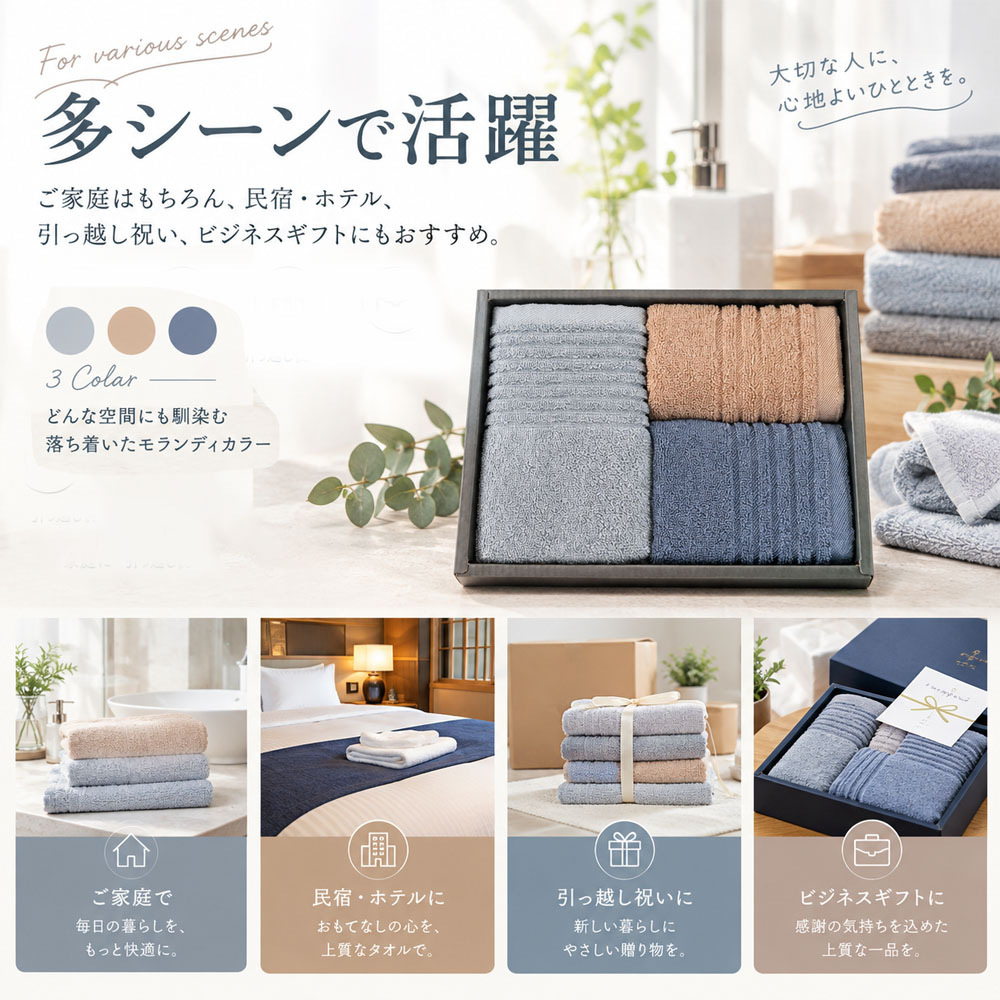 タオル3点セット フェイスタオル ハンドタオル モランディカラー 長繊維綿 リブ付き 毛羽落ちしにくい 色あせしにくい 洗濯OK ギフトボックス入り 洗面所 お風呂 スポーツ ジム 旅行 ホテル 民宿 引っ越し祝い 贈答用 ギフト  YKOGH-05