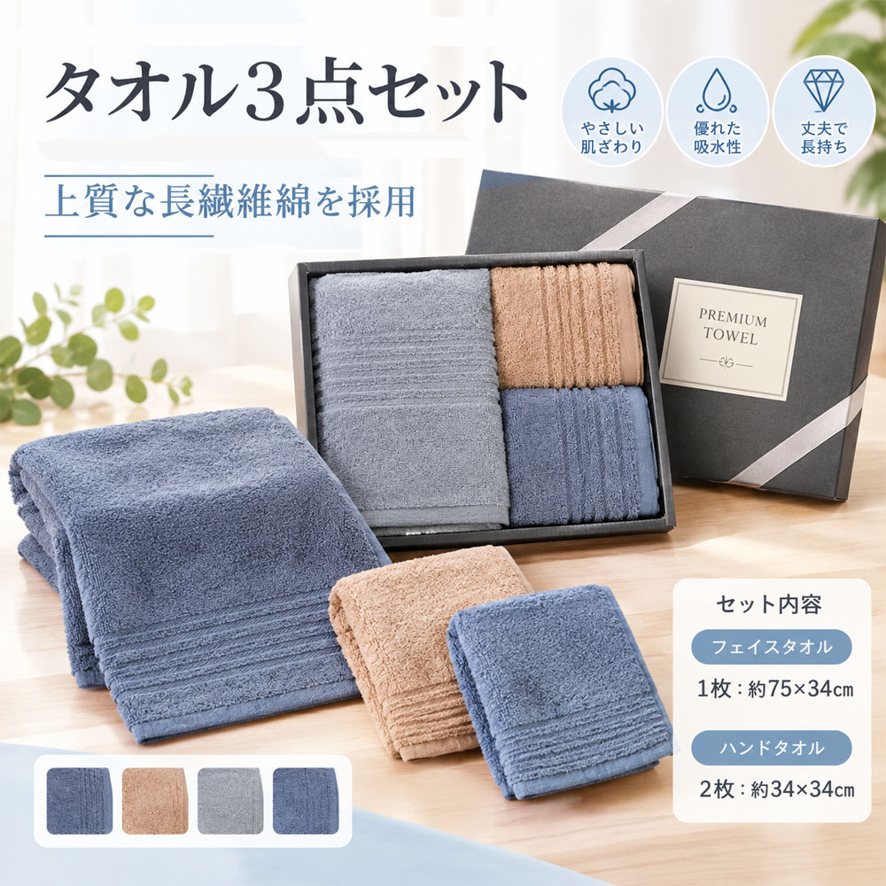 タオル3点セット フェイスタオル ハンドタオル モランディカラー 長繊維綿 リブ付き 毛羽落ちしにくい 色あせしにくい 洗濯OK ギフトボックス入り 洗面所 お風呂 スポーツ ジム 旅行 ホテル 民宿 引っ越し祝い 贈答用 ギフト  YKOGH-05