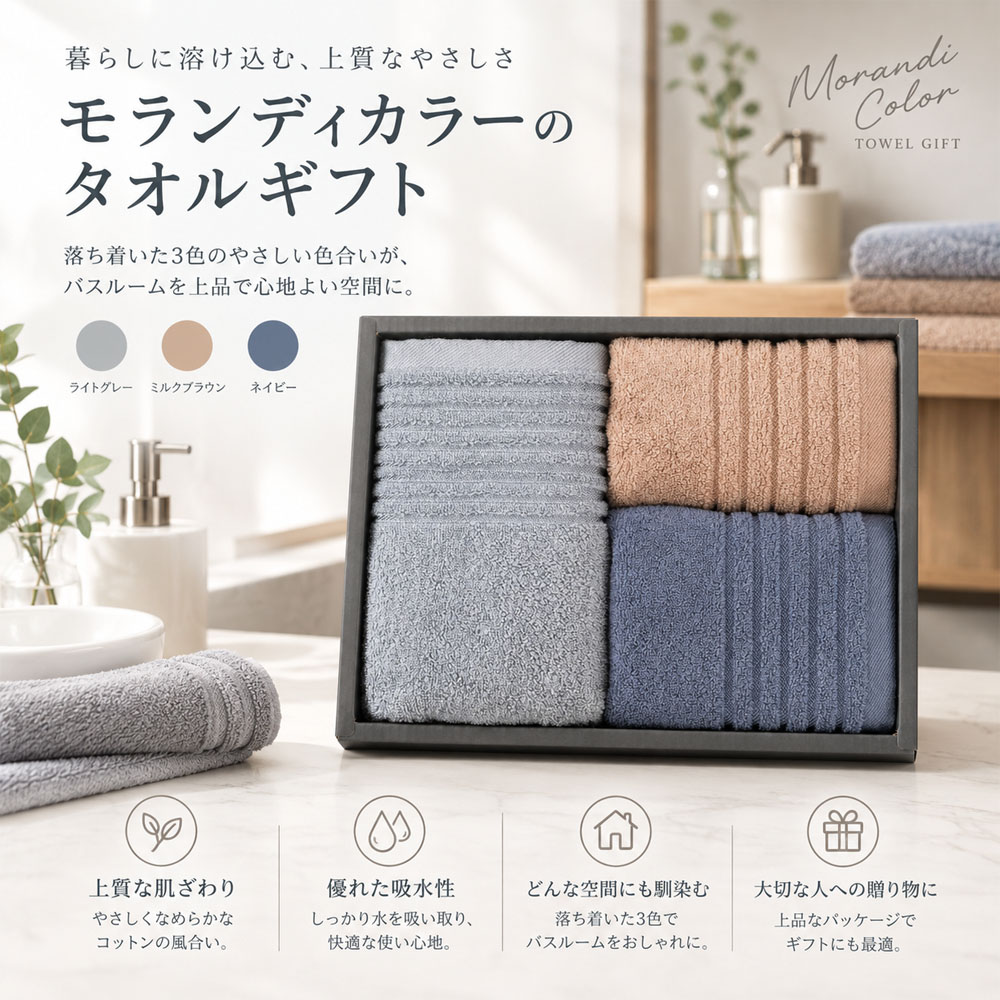 タオル3点セット フェイスタオル ハンドタオル モランディカラー 長繊維綿 リブ付き 毛羽落ちしにくい 色あせしにくい 洗濯OK ギフトボックス入り 洗面所 お風呂 スポーツ ジム 旅行 ホテル 民宿 引っ越し祝い 贈答用 ギフト  YKOGH-05
