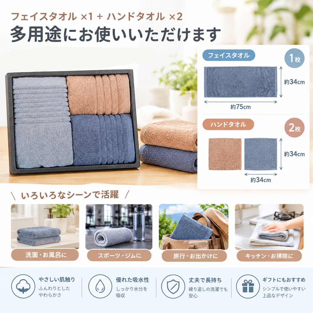 タオル3点セット フェイスタオル ハンドタオル モランディカラー 長繊維綿 リブ付き 毛羽落ちしにくい 色あせしにくい 洗濯OK ギフトボックス入り 洗面所 お風呂 スポーツ ジム 旅行 ホテル 民宿 引っ越し祝い 贈答用 ギフト  YKOGH-05