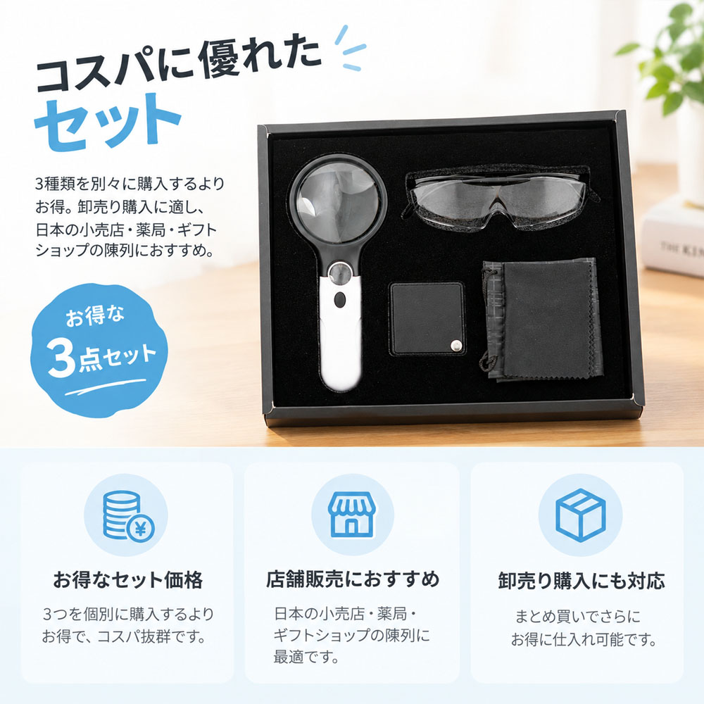 拡大鏡セット 3点セット 拡大鏡 保護メガネ 保護メガネセット ルーペ 拡大レンズ 高倍率レンズ 文字拡大 細かい文字 読みやすい 持ち運び便利 軽量 コンパクト 保護ガード付き 読書 新聞 修理 手芸 DIY 宝石鑑定 修理技術者  YKOGH-01