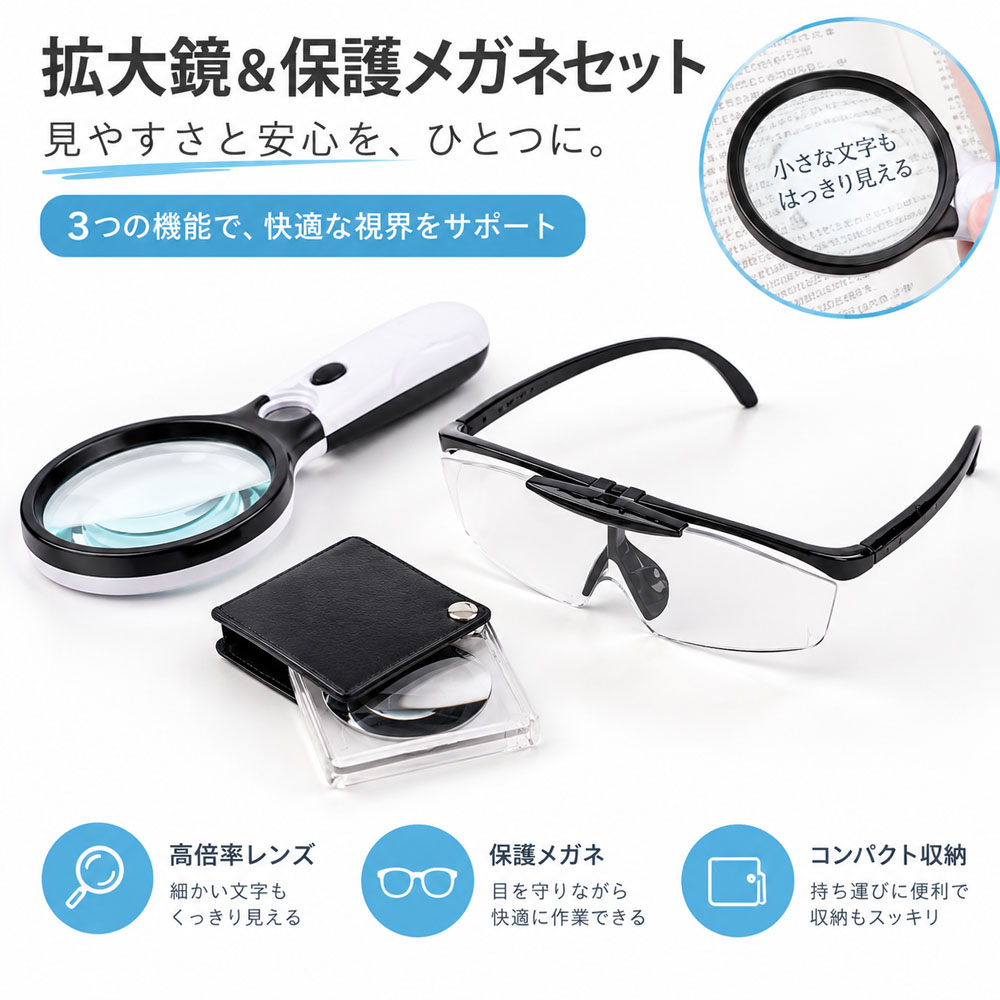 拡大鏡セット 3点セット 拡大鏡 保護メガネ 保護メガネセット ルーペ 拡大レンズ 高倍率レンズ 文字拡大 細かい文字 読みやすい 持ち運び便利 軽量 コンパクト 保護ガード付き 読書 新聞 修理 手芸 DIY 宝石鑑定 修理技術者  YKOGH-01