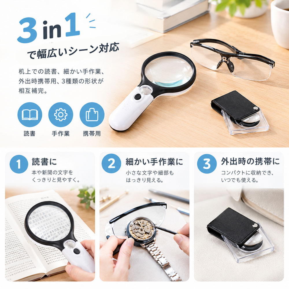 拡大鏡セット 3点セット 拡大鏡 保護メガネ 保護メガネセット ルーペ 拡大レンズ 高倍率レンズ 文字拡大 細かい文字 読みやすい 持ち運び便利 軽量 コンパクト 保護ガード付き 読書 新聞 修理 手芸 DIY 宝石鑑定 修理技術者  YKOGH-01