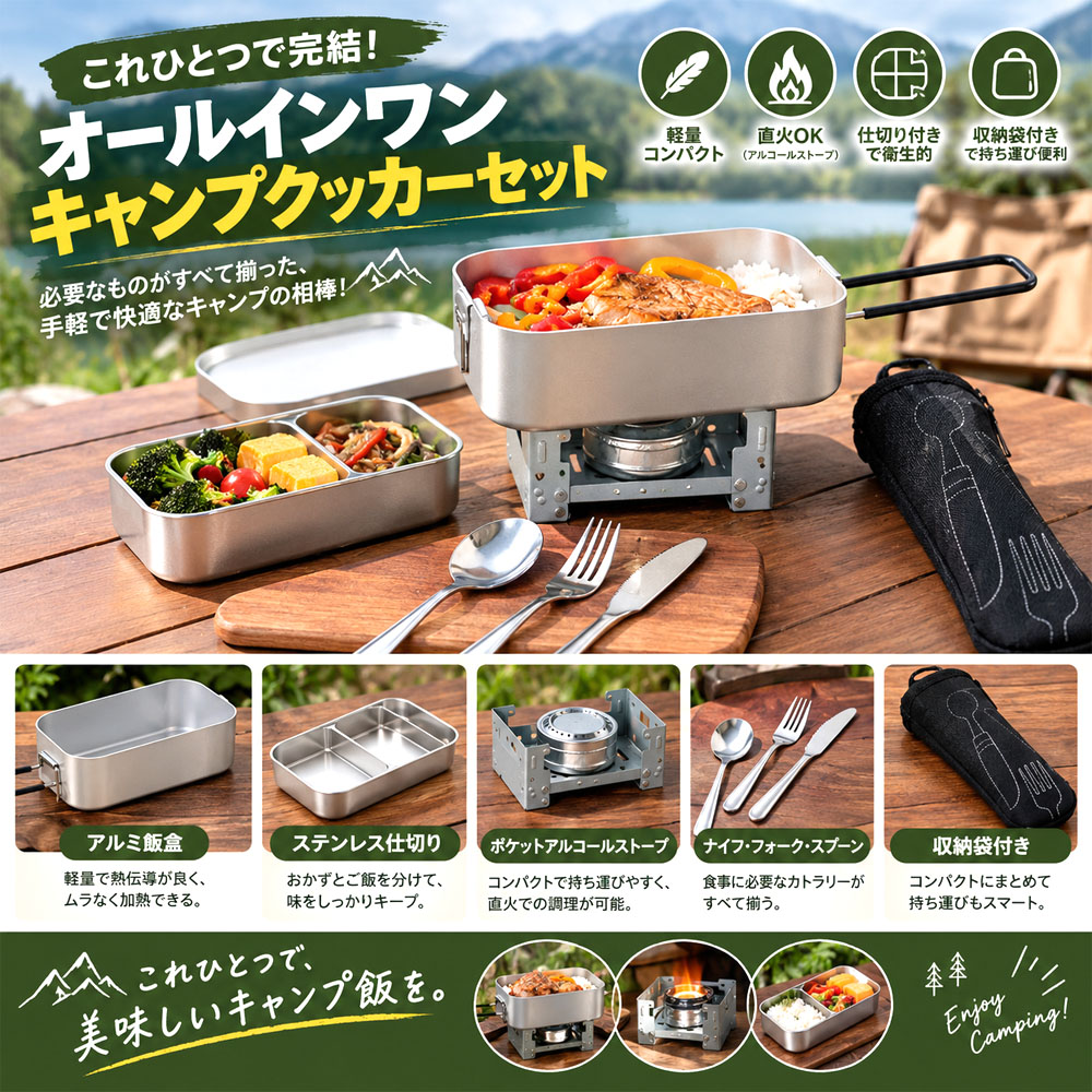 キャンプクッカーセット アウトドア調理器具 キャンプ飯盒 800ml ポケットアルコールストーブ カトラリー アルミ製 炊飯 調理 直火対応  キャンプ 登山 ハイキング アウトドア ピクニック   YKOGH-07