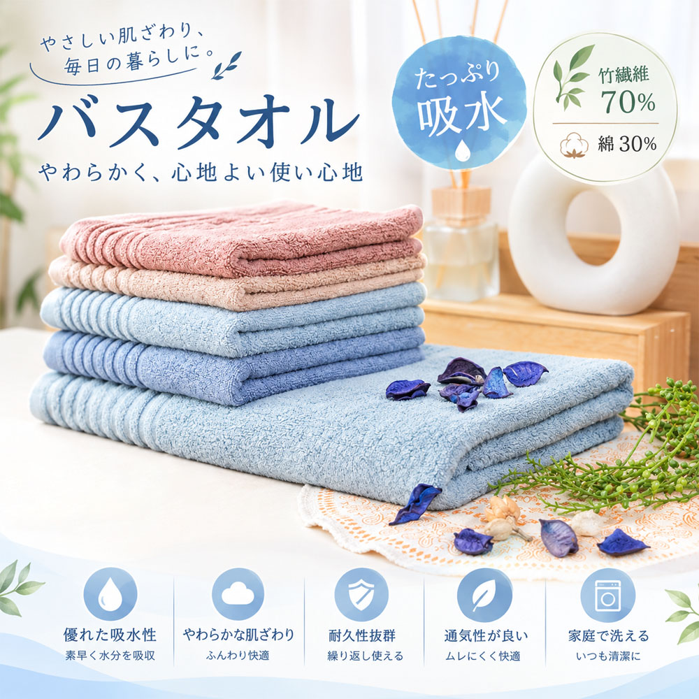 バスタオル 大判バスタオル 吸水タオル 吸水速乾タオル 綿混素材 約140×70cm 吸水 ふんわりパイル リブ織り 丈夫な縁取り 毛羽落ちしにくい 耐久性 繰り返し洗濯 洗濯機対応 お風呂上がり バスタイム 家庭用 毎日使い   YKOGH-06-A