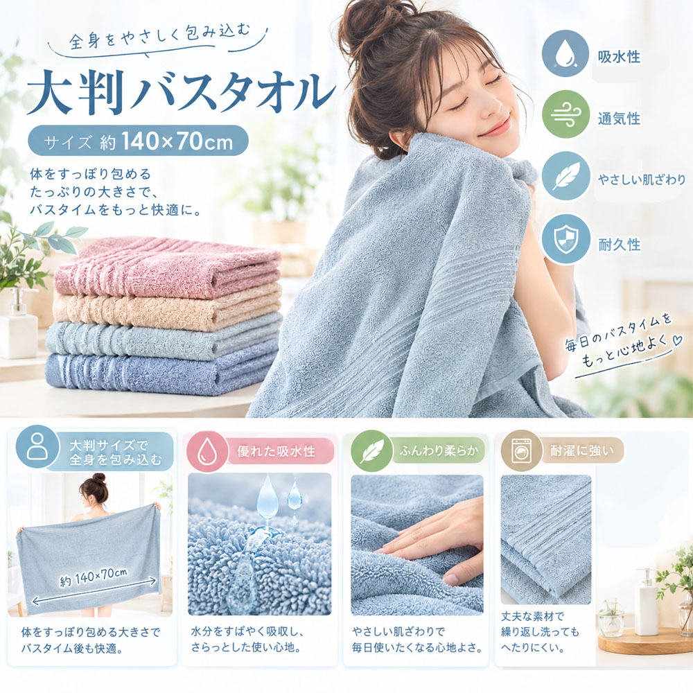 バスタオル 大判バスタオル 吸水タオル 吸水速乾タオル 綿混素材 約140×70cm 吸水 ふんわりパイル リブ織り 丈夫な縁取り 毛羽落ちしにくい 耐久性 繰り返し洗濯 洗濯機対応 お風呂上がり バスタイム 家庭用 毎日使い   YKOGH-06-A