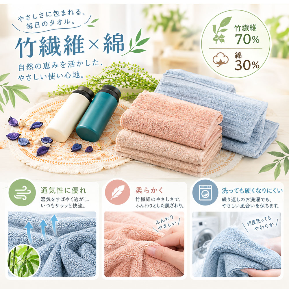 バスタオル 大判バスタオル 吸水タオル 吸水速乾タオル 綿混素材 約140×70cm 吸水 ふんわりパイル リブ織り 丈夫な縁取り 毛羽落ちしにくい 耐久性 繰り返し洗濯 洗濯機対応 お風呂上がり バスタイム 家庭用 毎日使い   YKOGH-06-A