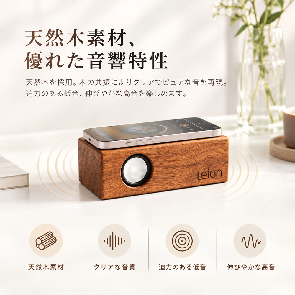 スマホ用拡声器 スマホスピーカー 誘導式拡声器 卓上スピーカー  木目デザイン 1,000mAhバッテリー 6～8時間連続再生 コンパクト クリアな音質 低音 高音 持ち運び デスク ナイトテーブル 室内 アウトドア iPhone Android  YKOGH-10-A