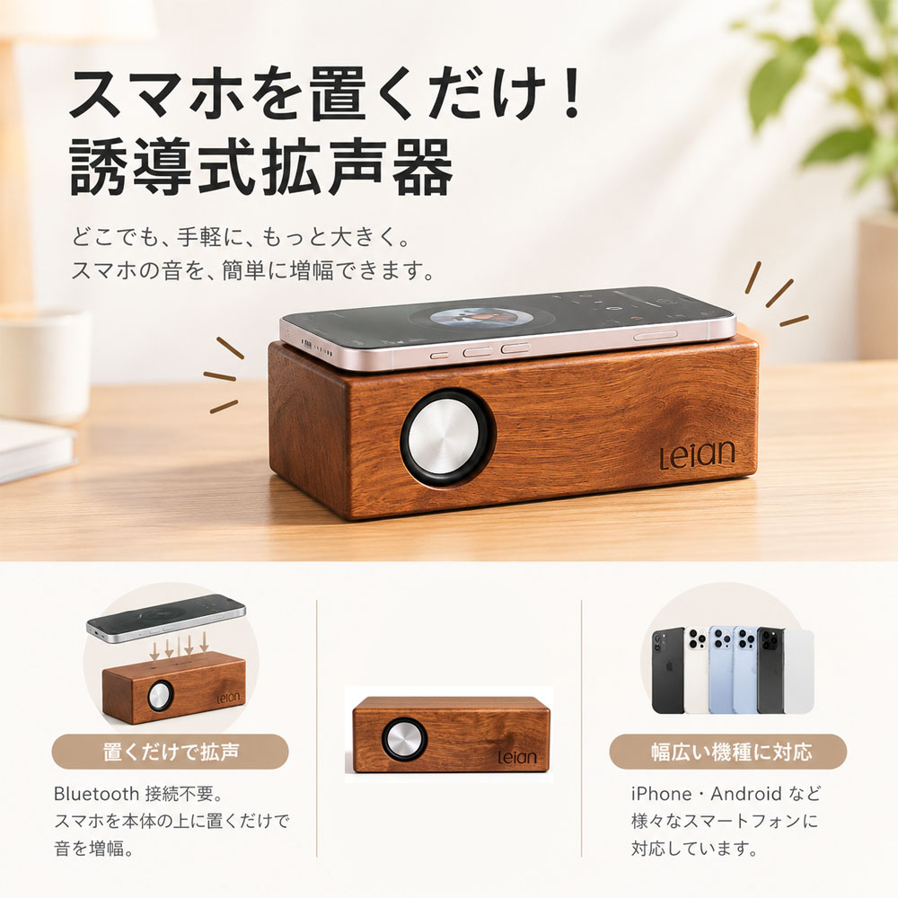 スマホ用拡声器 スマホスピーカー 誘導式拡声器 卓上スピーカー  木目デザイン 1,000mAhバッテリー 6～8時間連続再生 コンパクト クリアな音質 低音 高音 持ち運び デスク ナイトテーブル 室内 アウトドア iPhone Android  YKOGH-10-A