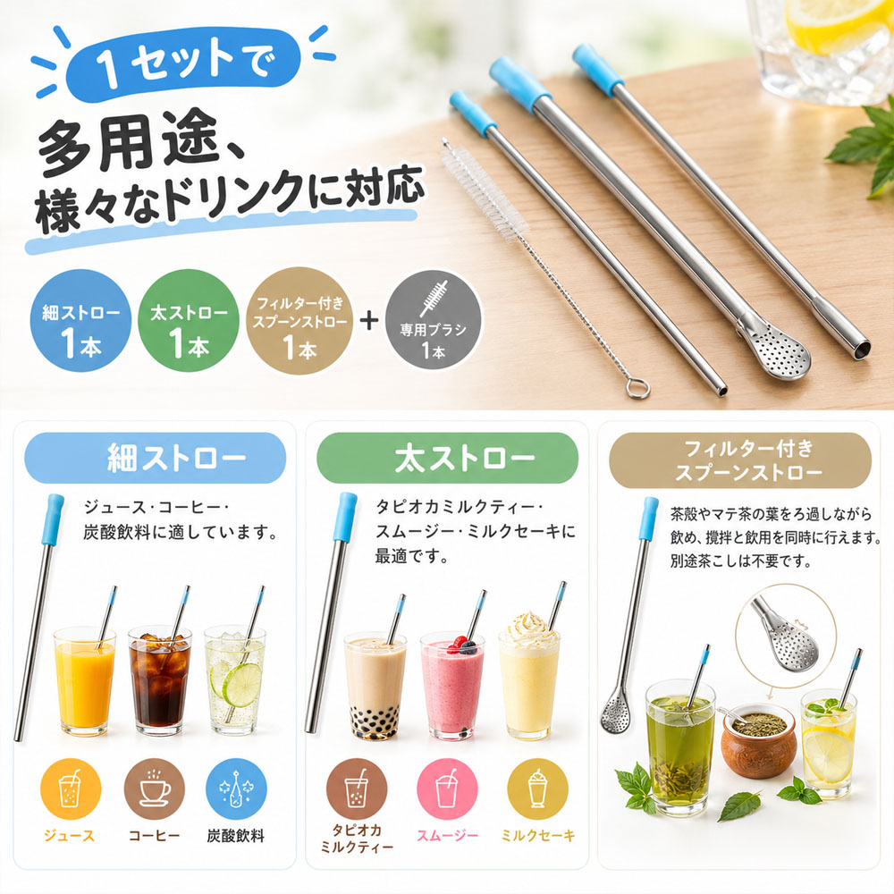 ストローセット ステンレスストロー エコストロー 繰り返し使える ステンレス製 タピオカストロー 太めストロー 細ストロー スプーン型 収納ポーチ付き 洗浄ブラシ 食品グレード 持ち運び便利 耐熱性 耐冷性 洗浄簡単 食洗機対応 ジュース コーヒー タピオカ 通勤 旅行 外食   YKOGH-08