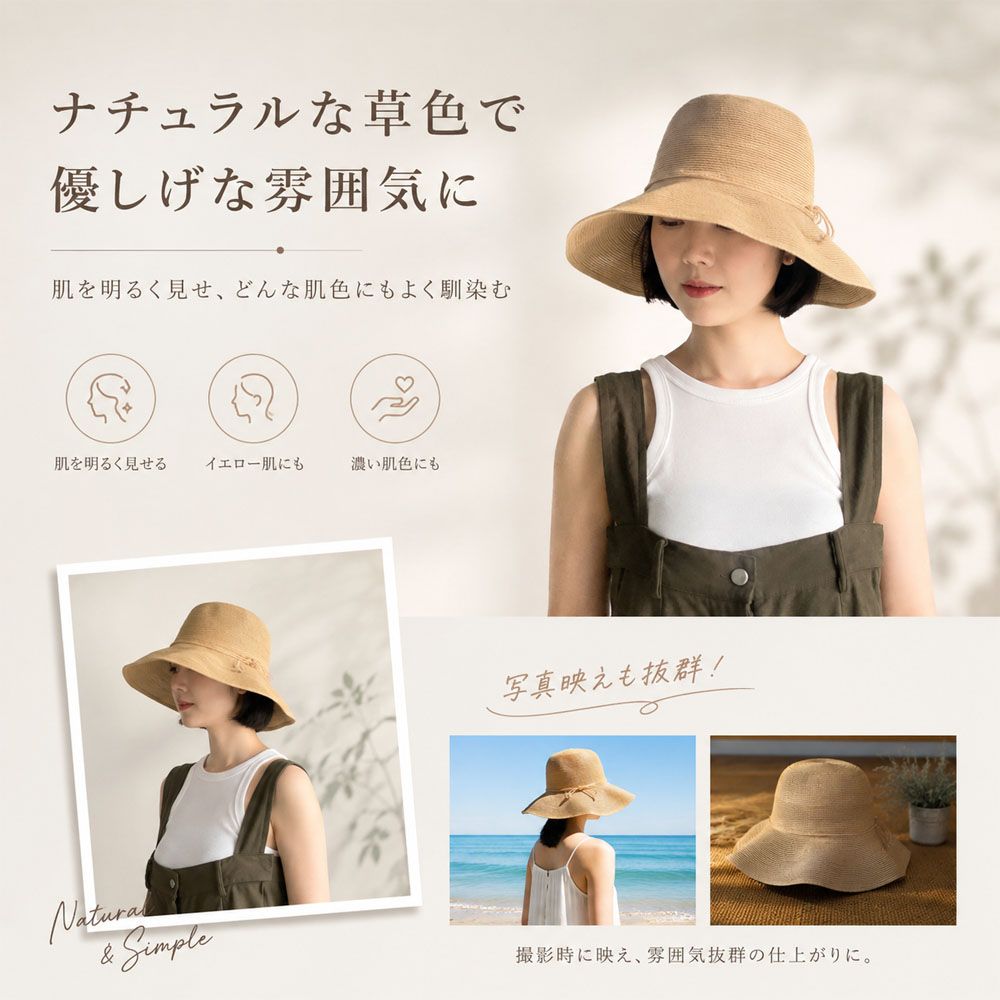 レディースハット 帽子 レディース つば広帽子 編み帽子 サマーハット つば広 日よけ 折りたたみ可能 軽量 サイズ調整可能 通気性 草編み風 日差し対策 旅行 お出かけ 写真撮影 海辺 キャンプ   WBGYCUI-01-A