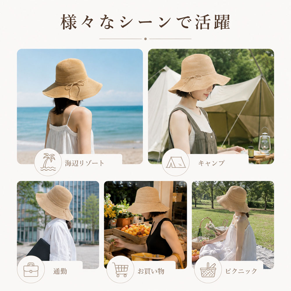 レディースハット 帽子 レディース つば広帽子 編み帽子 サマーハット つば広 日よけ 折りたたみ可能 軽量 サイズ調整可能 通気性 草編み風 日差し対策 旅行 お出かけ 写真撮影 海辺 キャンプ   WBGYCUI-01-A