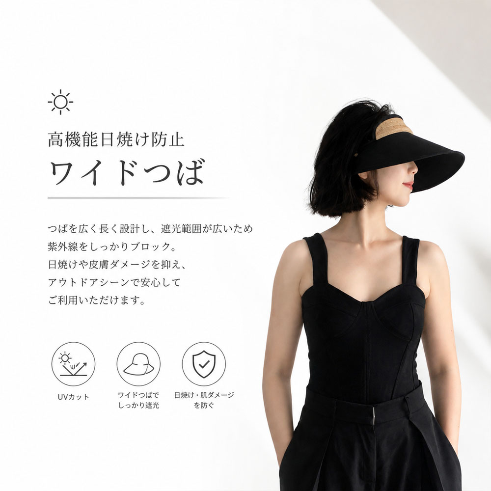 おしゃべりなバイザー 高品質ラフィア帽子 レディース ベージュ UVカット 紫外線対策 日除け 小顔効果 マダガスカル天然草使用 旅行用WBGYCUI-03-A