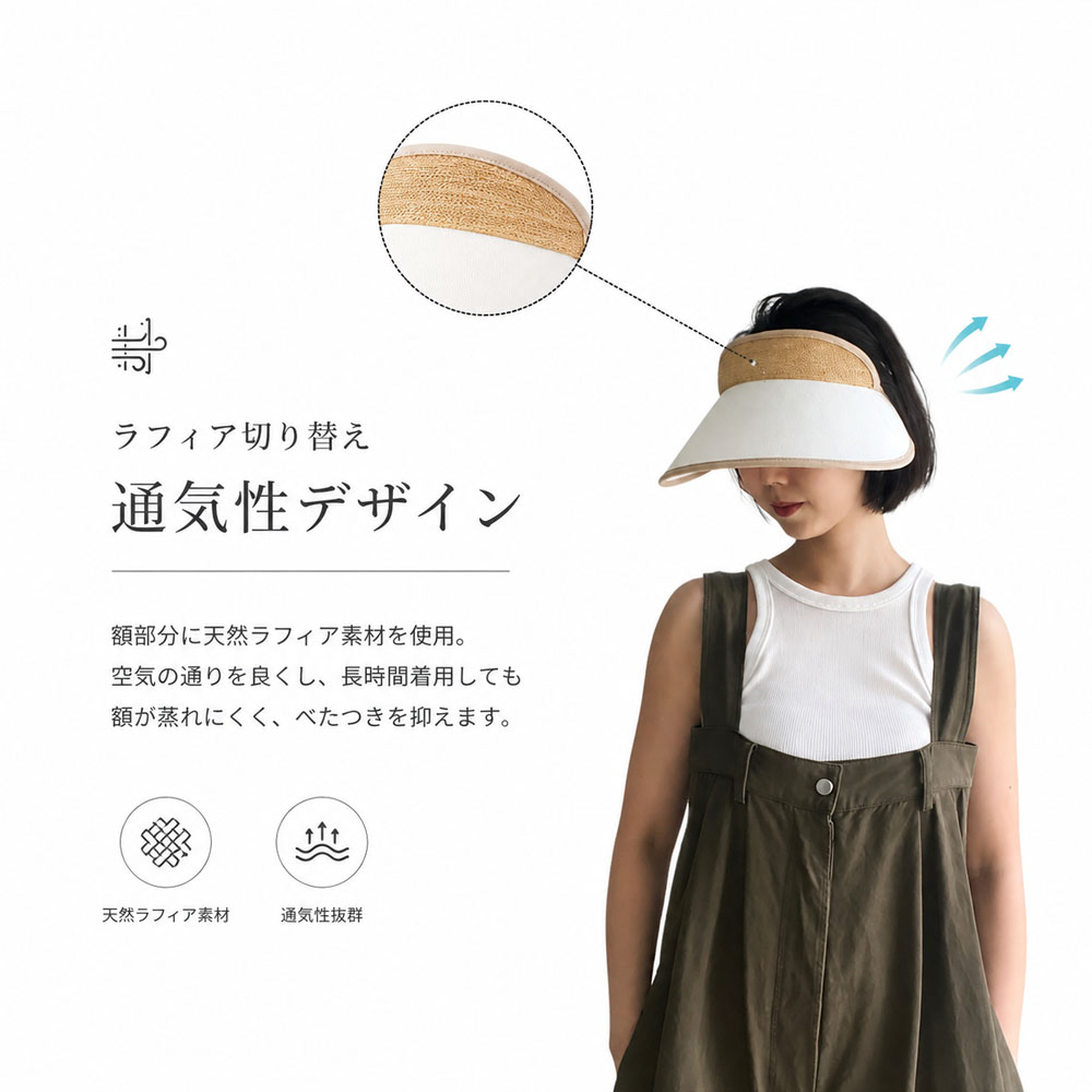 おしゃべりなバイザー 高品質ラフィア帽子 レディース ベージュ UVカット 紫外線対策 日除け 小顔効果 マダガスカル天然草使用 旅行用WBGYCUI-03-A