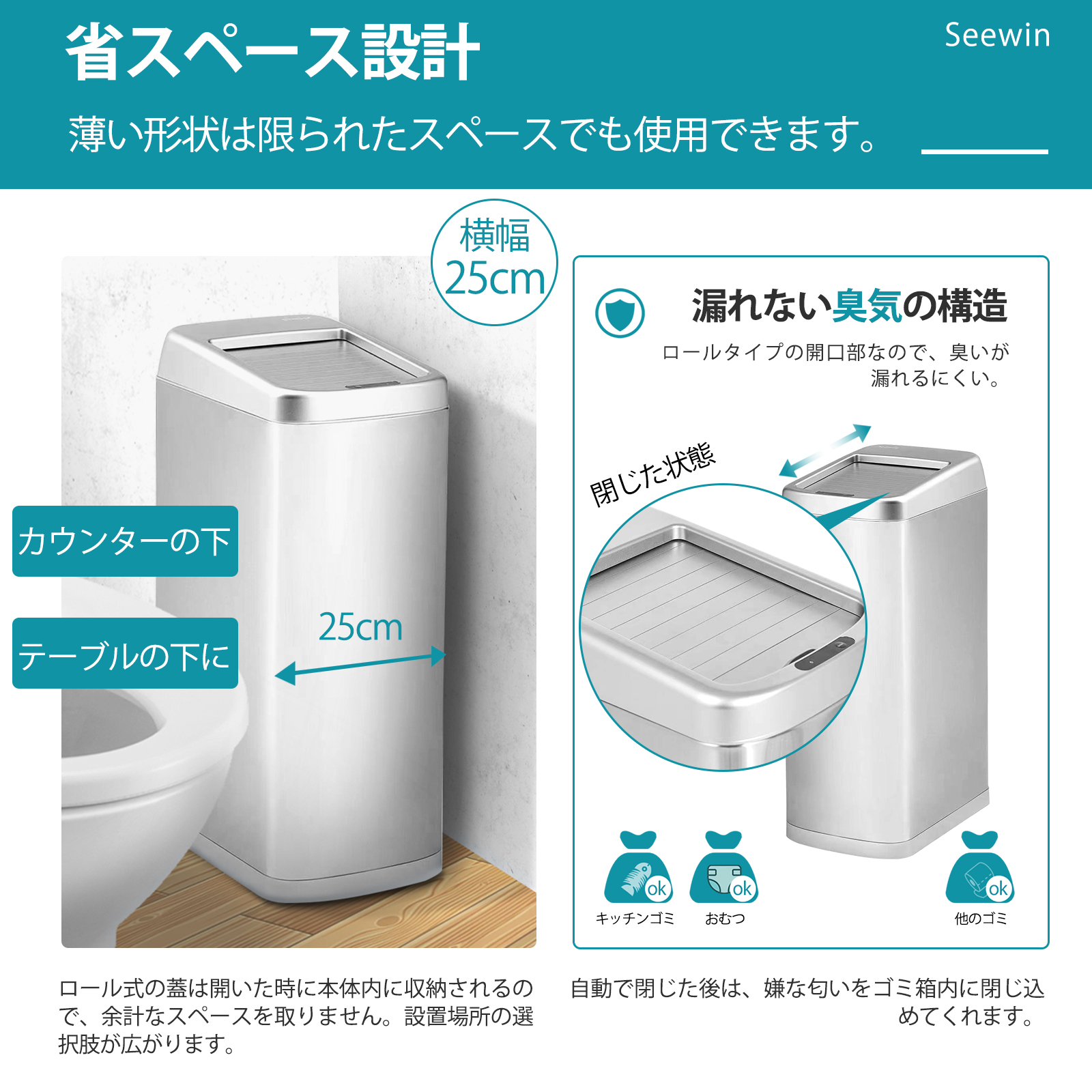 Seewin ゴミ箱 自動開閉式 45リットル 対応 ロールオン式 50L（50リットル/大容量/45L対応）デュアルモード 知覚距離の調整 スリム 静音 ステンレス製 お手入れ簡単 ゴミ袋のずれ・漏れを防ぐ （特許取得の待機電力省エネ技術により/最大365日使用可能）