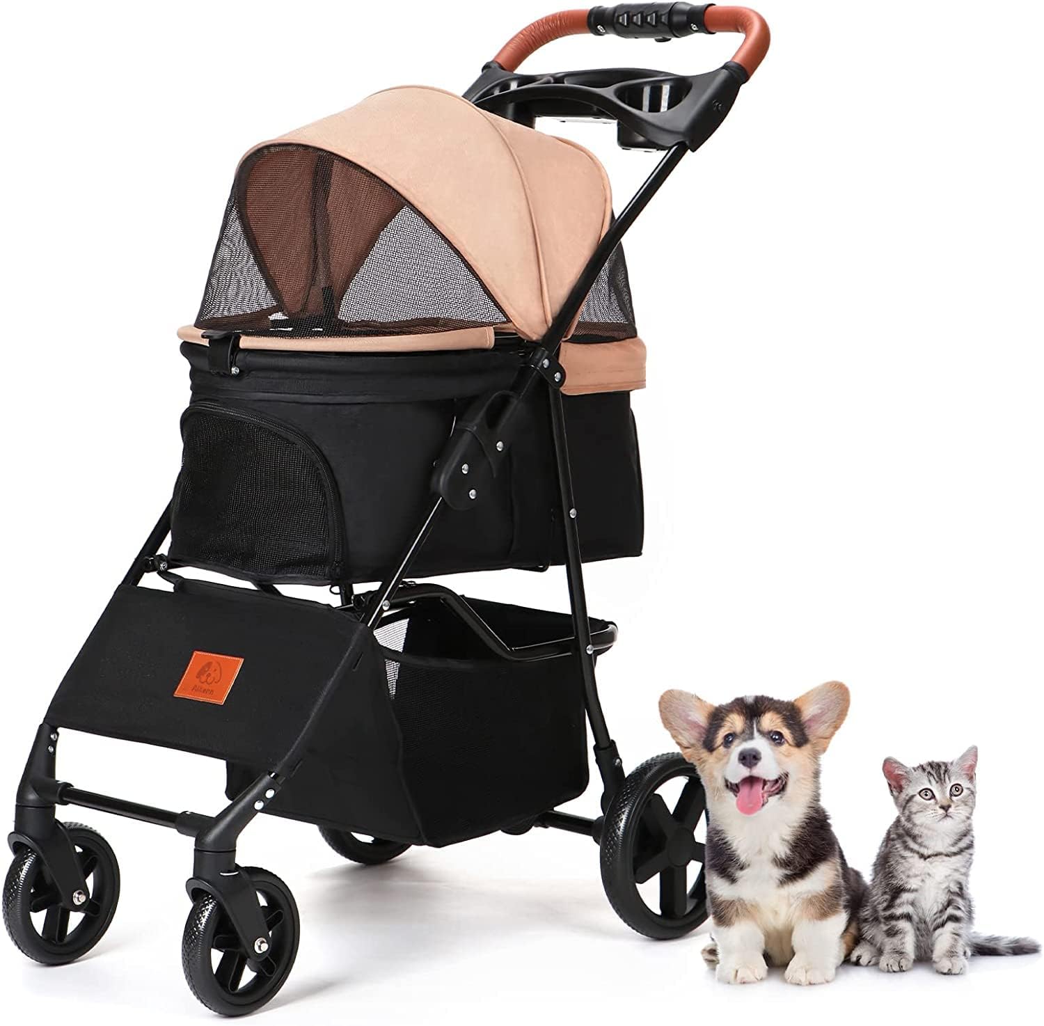 ペットカート 犬用ベビーカー 小型犬 折り畳み ペットキャリーカート ペットバギーミニ 4輪タイプ 犬介護用 猫用 猫犬兼用 前輪360°回転 後輪ブレーキ付 飛び出し防止 軽量 ワンタッチ開閉 組み立て簡単 耐荷重15KG 犬用おでかけ用品