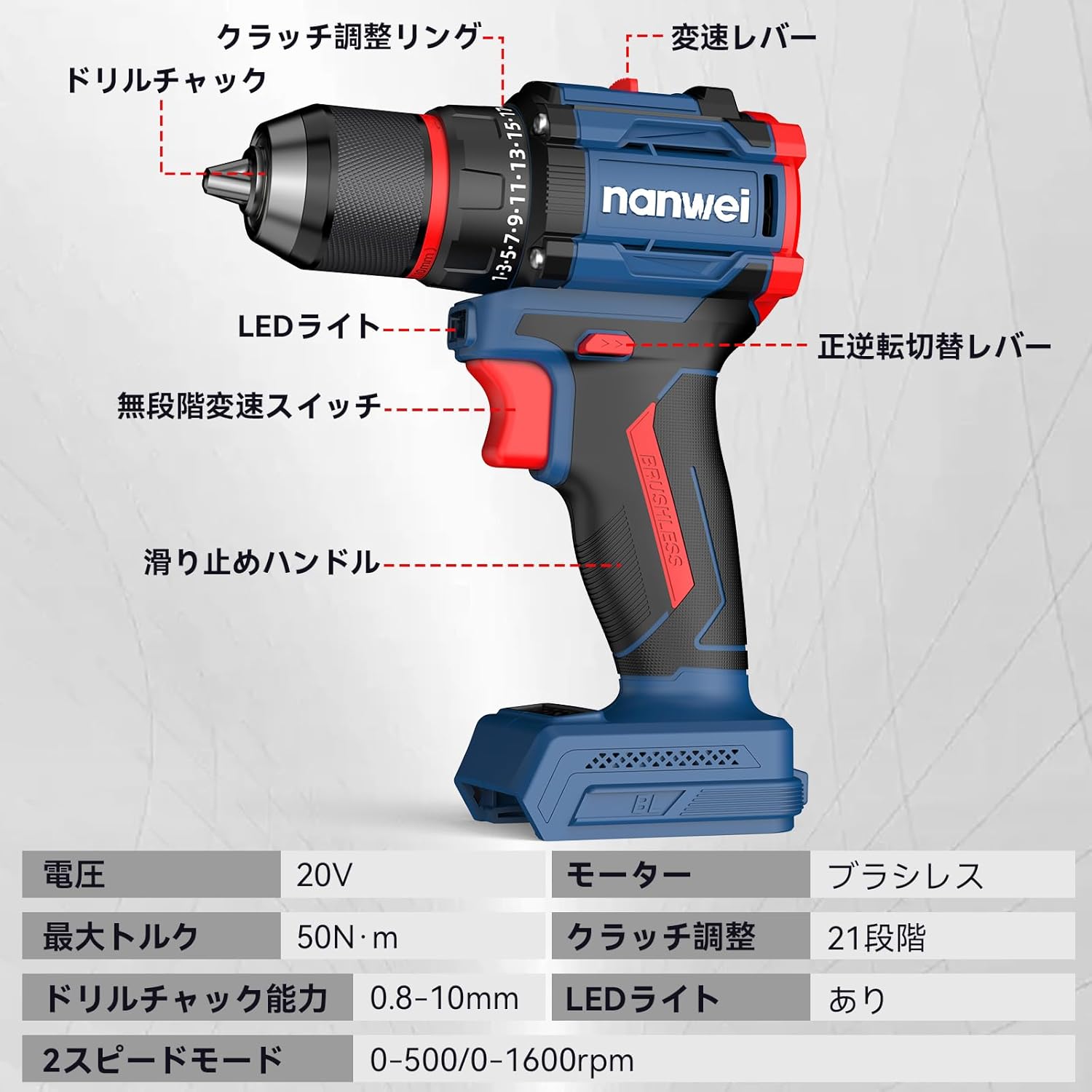 0V電動ドライバー 充電式ドリルドライバー マキタバッテリー対応 ブラシレスモーター 21段階トルク調節 2スピードモード 無断変速 最大50N·m 正逆転切替 小型軽量 LEDライト ネジ締め/ネジ外し/穴あけ 本体のみ 【バッテリー・充電器別売り】