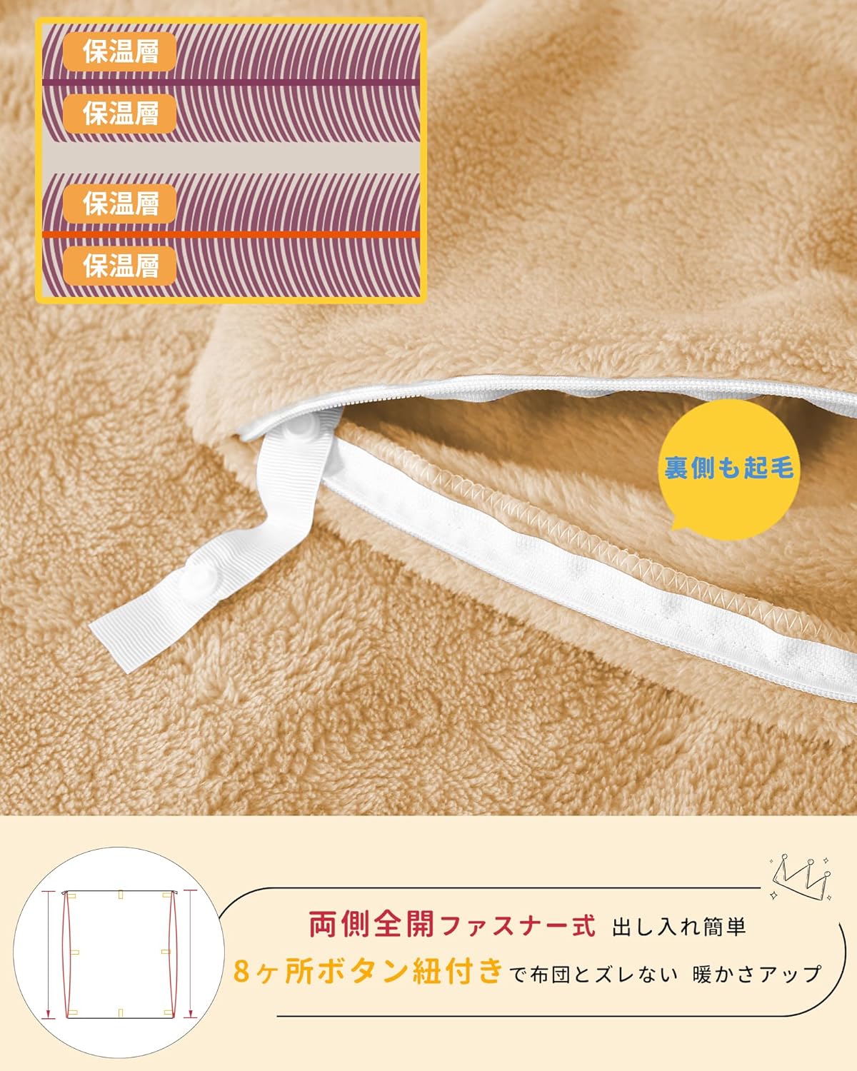 布団カバー 毛布と掛けカバー兼用 シングル 両面起毛8mm 両側全開ファスナー付き 掛け布団カバー 接触温感 あったか ８箇所スナップボタン 静電気防止 抗菌防臭