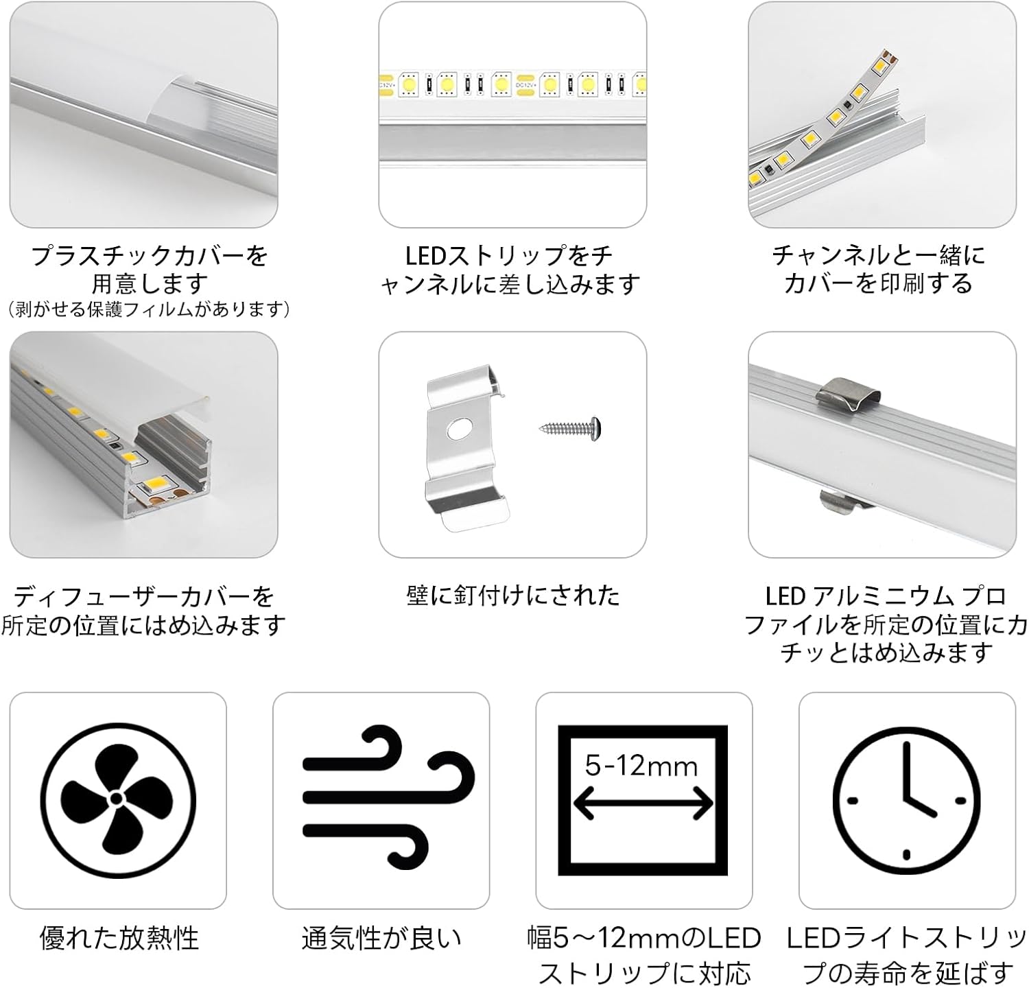 LEDストリップチャンネル U字型（3.3フィート 1メートル） ミルキーホワイトカバーレンズ付き ，コネクターと取り付けキット付き，簡単カットとインストールカーブレンズプロファイル