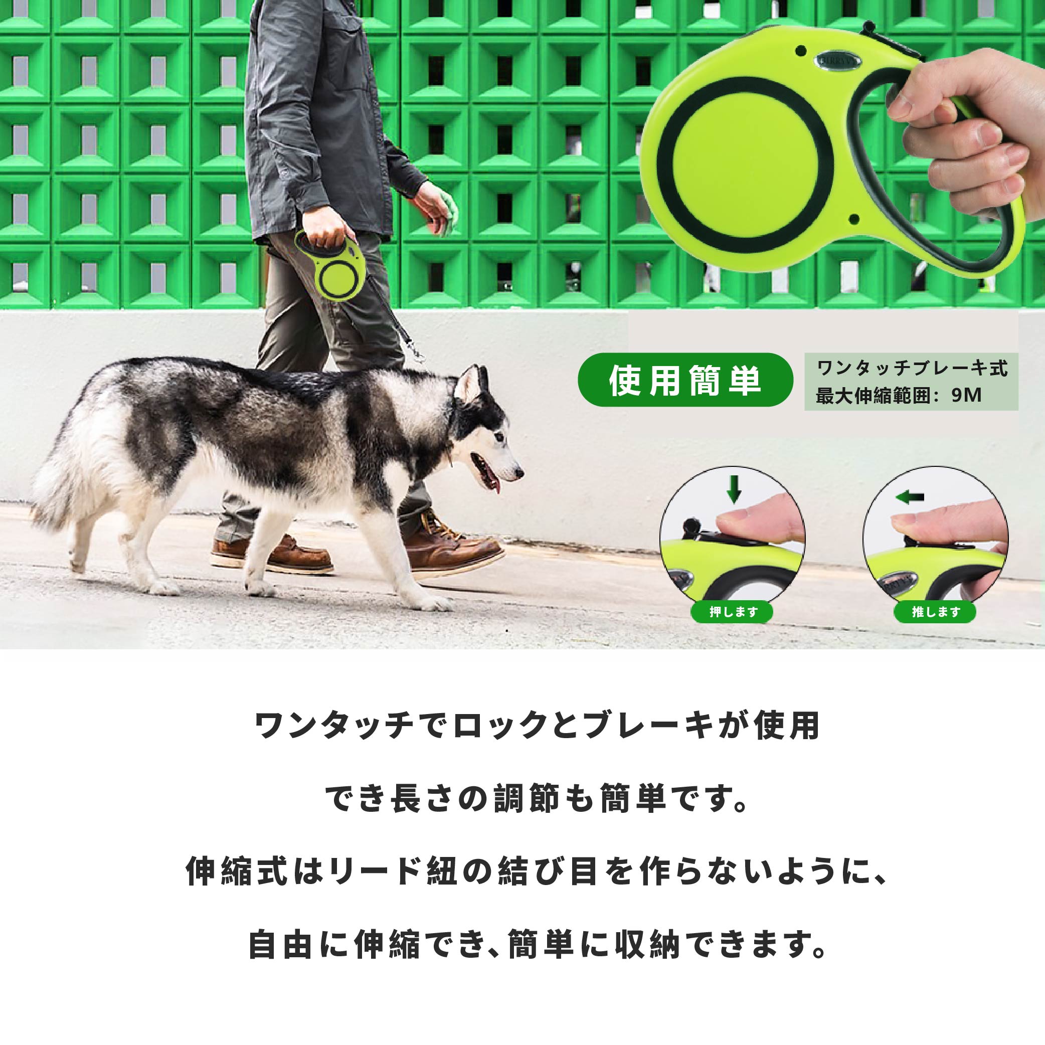 犬用リード 伸縮犬用リード 愛犬用リード 自動巻き取り 巻き取り式 ペットリード 自動伸縮リード 調節可能 長さ9M 荷重50KG お出かけ 滑り止め 散歩 安全性 耐久性 ペット用品 グリーン jtl100